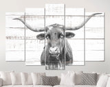 Texas Longhorn Canvas Print // Close-up Portrait of Texas Longhorn Cow // Longhorn White Wood Background Canvas Print