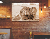 Lions in Love Sepia Canvas Print // Lion Couple Sepia Wall Art