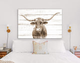 Texas Longhorn Canvas Print Sepia // Sepia Close-up Portrait of Texas Longhorn Cow // Longhorn White Wood Background Sepia Canvas Print