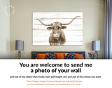 Texas Longhorn Canvas Print Sepia // Sepia Close-up Portrait of Texas Longhorn Cow // Longhorn White Wood Background Sepia Canvas Print