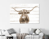 Texas Longhorn Canvas Print Sepia // Sepia Close-up Portrait of Texas Longhorn Cow // Longhorn White Wood Background Sepia Canvas Print