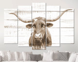 Texas Longhorn Canvas Print Sepia // Sepia Close-up Portrait of Texas Longhorn Cow // Longhorn White Wood Background Sepia Canvas Print