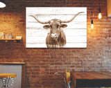 Texas Longhorn Canvas Print Sepia // Sepia Close-up Portrait of Texas Longhorn Cow // Longhorn White Wood Background Sepia Canvas Print