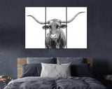 Texas Longhorn Canvas Print // Close-up Portrait of Texas Longhorn Cow // Black and White Wall Decor