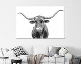 Texas Longhorn Canvas Print // Close-up Portrait of Texas Longhorn Cow // Black and White Wall Decor