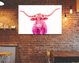 Crimson and Purple Texas Longhorn Canvas Print // Close-up Portrait of Texas Longhorn Cow // Crimson Purple Gradient Wall Decor