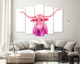 Crimson and Purple Texas Longhorn Canvas Print // Close-up Portrait of Texas Longhorn Cow // Crimson Purple Gradient Wall Decor