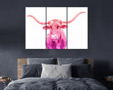 Crimson and Purple Texas Longhorn Canvas Print // Close-up Portrait of Texas Longhorn Cow // Crimson Purple Gradient Wall Decor