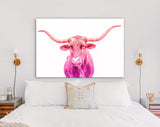 Crimson and Purple Texas Longhorn Canvas Print // Close-up Portrait of Texas Longhorn Cow // Crimson Purple Gradient Wall Decor