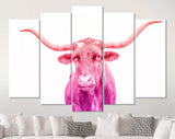 Crimson and Purple Texas Longhorn Canvas Print // Close-up Portrait of Texas Longhorn Cow // Crimson Purple Gradient Wall Decor