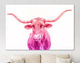 Crimson and Purple Texas Longhorn Canvas Print // Close-up Portrait of Texas Longhorn Cow // Crimson Purple Gradient Wall Decor