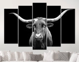 Texas Longhorn Canvas Print // Portrait of Texas Longhorn Cow with a Black Background // Black and White Wall Art