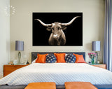 Sepia Texas Longhorn Canvas Print // Close-up Portrait of Texas Longhorn Cow with Black Background // Sepia Wall Decor