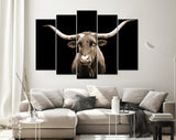 Sepia Texas Longhorn Canvas Print // Close-up Portrait of Texas Longhorn Cow with Black Background // Sepia Wall Decor