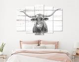 Texas Longhorn Canvas Print // Close-up Portrait of Texas Longhorn Cow // Longhorn White Wood Background Canvas Print