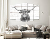 Texas Longhorn Canvas Print // Close-up Portrait of Texas Longhorn Cow // Longhorn White Wood Background Canvas Print