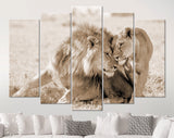 Lions in Love Sepia Canvas Print // Lion Couple Sepia Wall Art