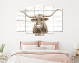 Texas Longhorn Canvas Print Sepia // Sepia Close-up Portrait of Texas Longhorn Cow // Longhorn White Wood Background Sepia Canvas Print