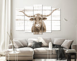 Texas Longhorn Canvas Print Sepia // Sepia Close-up Portrait of Texas Longhorn Cow // Longhorn White Wood Background Sepia Canvas Print