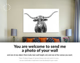 Texas Longhorn Canvas Print // Close-up Portrait of Texas Longhorn Cow // Black and White Wall Decor