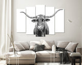 Texas Longhorn Canvas Print // Close-up Portrait of Texas Longhorn Cow // Black and White Wall Decor