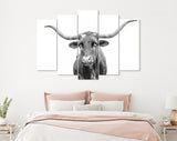 Texas Longhorn Canvas Print // Close-up Portrait of Texas Longhorn Cow // Black and White Wall Decor