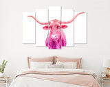 Crimson and Purple Texas Longhorn Canvas Print // Close-up Portrait of Texas Longhorn Cow // Crimson Purple Gradient Wall Decor