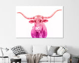 Crimson and Purple Texas Longhorn Canvas Print // Close-up Portrait of Texas Longhorn Cow // Crimson Purple Gradient Wall Decor