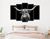 Texas Longhorn Canvas Print // Portrait of Texas Longhorn Cow with a Black Background // Black and White Wall Art