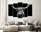 Texas Longhorn Canvas Print // Portrait of Texas Longhorn Cow with a Black Background // Black and White Wall Art