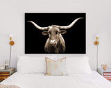 Sepia Texas Longhorn Canvas Print // Close-up Portrait of Texas Longhorn Cow with Black Background // Sepia Wall Decor