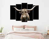 Sepia Texas Longhorn Canvas Print // Close-up Portrait of Texas Longhorn Cow with Black Background // Sepia Wall Decor