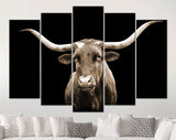 Sepia Texas Longhorn Canvas Print // Close-up Portrait of Texas Longhorn Cow with Black Background // Sepia Wall Decor