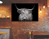 Highland Cow Canvas Print // The Black and White Highland Cow With The Black Background // Black And White Wall Art