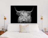 Highland Cow Canvas Print // The Black and White Highland Cow With The Black Background // Black And White Wall Art