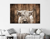 Highland Cow Grunge Art Canvas Print // Highland Cow Dark Brown Wood Background Sepia Canvas Print / Vintage Wall Art / Farmhouse Wall Decor