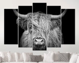 Highland Cow Canvas Print // The Black and White Highland Cow With The Black Background // Black And White Wall Art