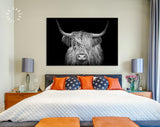 Highland Cow Canvas Print // The Black and White Highland Cow With The Black Background // Black And White Wall Art