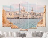 Valletta Malta Canvas Print // View of Valletta Malta old town skyline from Sliema city on the other side of Marsans harbor