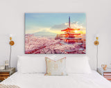 Chureito Pagoda Canvas Print // Fujiyoshida Japan Beautiful view of mountain Fuji and Chureito pagoda sunset in the spring cherry blossoms