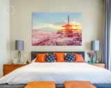 Chureito Pagoda Canvas Print // Fujiyoshida Japan Beautiful view of mountain Fuji and Chureito pagoda sunset in the spring cherry blossoms