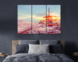 Chureito Pagoda Canvas Print // Fujiyoshida Japan Beautiful view of mountain Fuji and Chureito pagoda sunset in the spring cherry blossoms