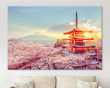 Chureito Pagoda Canvas Print // Fujiyoshida Japan Beautiful view of mountain Fuji and Chureito pagoda sunset in the spring cherry blossoms