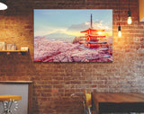 Chureito Pagoda Canvas Print // Fujiyoshida Japan Beautiful view of mountain Fuji and Chureito pagoda sunset in the spring cherry blossoms