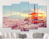 Chureito Pagoda Canvas Print // Fujiyoshida Japan Beautiful view of mountain Fuji and Chureito pagoda sunset in the spring cherry blossoms