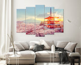 Chureito Pagoda Canvas Print // Fujiyoshida Japan Beautiful view of mountain Fuji and Chureito pagoda sunset in the spring cherry blossoms