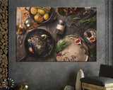 Meat Steak & Roasted Potato Canvas Print // Delicious Dishes on a Timber Table // Restaurant Bar BBQ Wall Decor // Steak House Wall Art