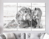 Lions in Love Canvas Print // White Wood Texture Canvas Print // Lion Couple Wall Art