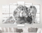 Lions in Love Canvas Print // White Wood Texture Canvas Print // Lion Couple Wall Art