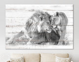 Lions in Love Canvas Print // White Wood Texture Canvas Print // Lion Couple Wall Art